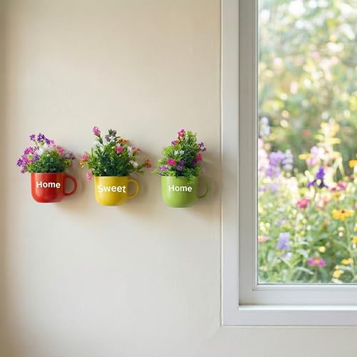 Image of Dekorly Wall Hanging Mug Planters with Artificial Flowers (20CM) - Decorative Hanging Cups, Colorful Floral Wall Decor for Living Room Bedroom Balcony Office Gift Set (3, Home Sweet Home)