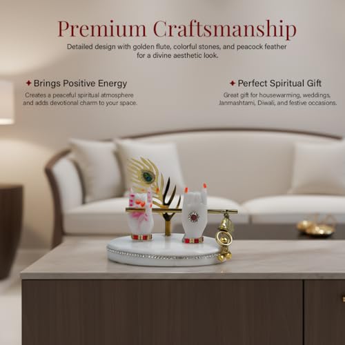 Image of HindCraft Krishna Hand Idol with Flute & Peacock Feather | Marble Finish Spiritual Showpiece for Home Decor, Temple & Gift