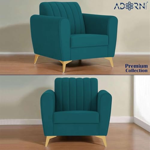 Image of Adorn India Premium Luster 3-1-1 Sofa Set | Velvet Suede Fabric | 3-Year Warranty | Color Ocean Blue with Golden Legs & Striped Pattern Cushion