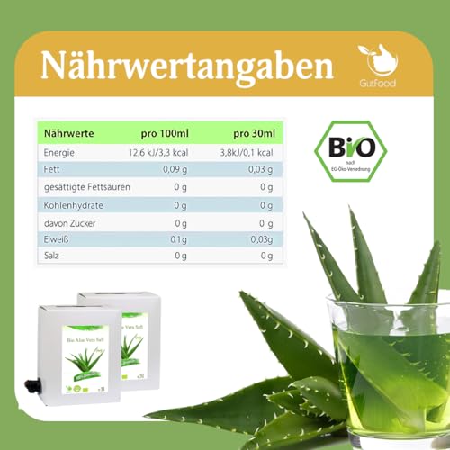 3 Liter Bio Aloe Vera Saft - 3 Monate Bio Aloe Vera Saftkur - ökologischer Aloe Verasaft in Premiumqualität in der praktischen 3 Liter Bag in Box Saftbox - nach Anbruch ungekühlt 3 Monate haltbar