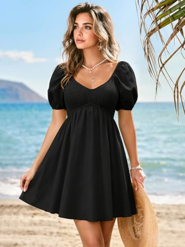 Image of Womens Babydoll Dress 2026 Summer Casual Puff Sleeve V Neck Cute Boho Smocked Flowy Short Sundress Beach Mini Dresses