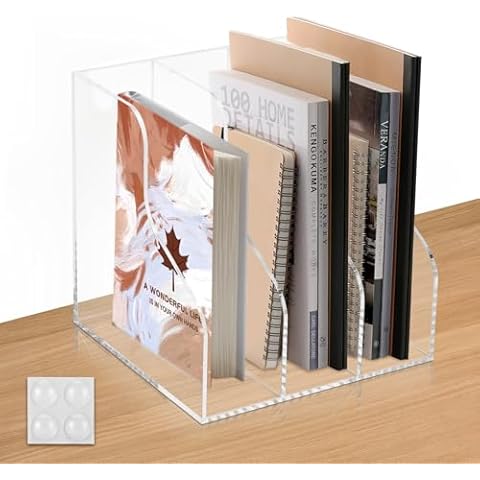 Werhoo A4 Thickened Acrylic Desk Organizer,Book Organizer,Acrylic Book Holder,Acrylic File Organizer Equipped with 3 Vertical Compartments Rack,with Scratch-Resistant Pads to Protect your Desktop Cover