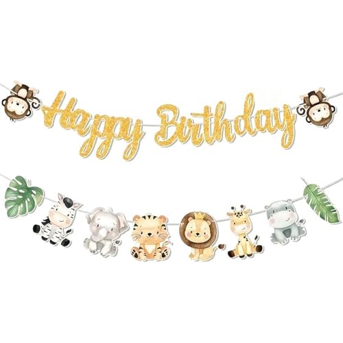 Jungle Theme Birthday Party Decoration – Happy Birthday Banner with Safari Jungle Animal Banner – Safari Party Decorations & Jungle Theme Party Supplies for Kids Parties