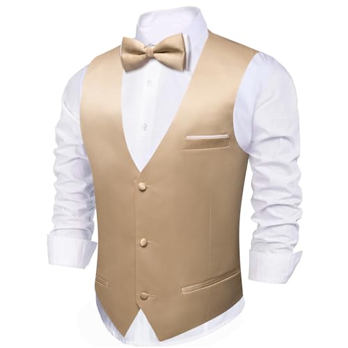 Image of Barry.Wang Mens Suit Vest Bow Tie Set 4PCS Formal V-neck Slim Fit Casual Solid Color Waistcoat Wedding Party Tuxedo
