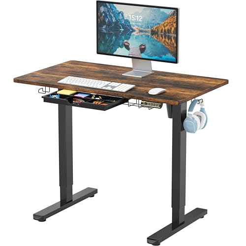 Image of SHW 40-Inch Electric Height Adjustable Standing Desk with Drawer, Memory Preset and Cable Management Tray, Rustic Brown