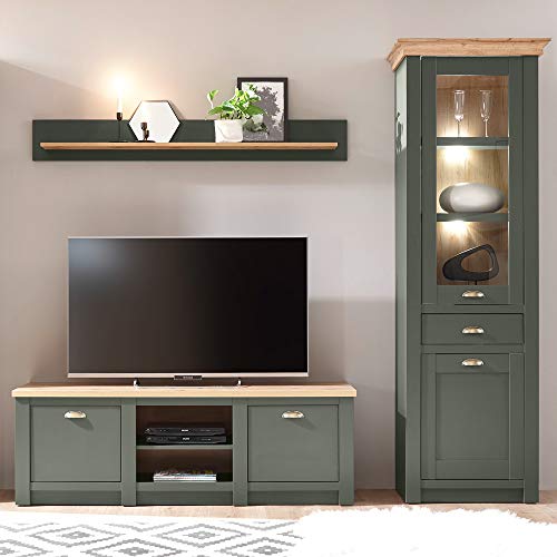 Lomadox Landhaus Wohnwand TV-Mediawand Set, grün mit Wotaneiche, inkl. Beleuchtung, B/H/T: 240/207/45cm