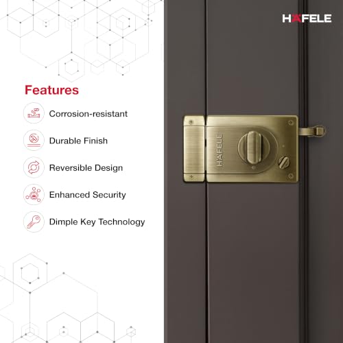 Image of Hafele Night Latch Rim Lock | Dimple Key Security | Double Throw Deadbolt | Durable Finish | Antique Brass | Reversible Design | 10 Years Warranty