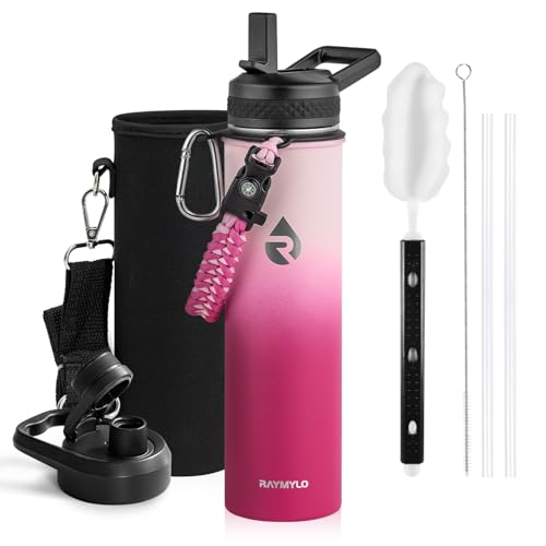 Image of RAYMYLO Insulated Water Bottle 24 oz, Triple Wall Vacuum Stainless Steel (Cold for 24Hrs, Hot for 12Hrs), Leak Proof & Non-BPA, Modern Water Flask Jug with Paracord Handle & Straw Spout Lids