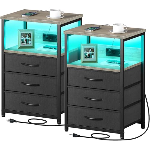 Seventable Nightstand with Charging Station and LED Light, Set of 2 Side Table with 3 Fabric...