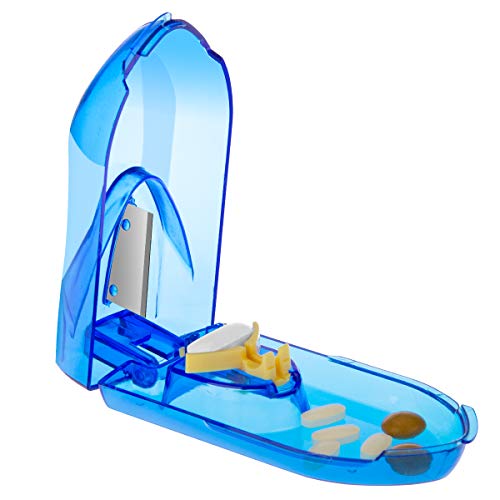 Pill Cutter, Easily Crush Medicine Tablets and Vitamins, Tablet Cutter with Small Pill Box Container, Pill Splitter Cutter Chopper，Best Pill Cutter Ever, Easy to Carry When Going Out. Blue