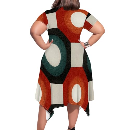 Image of Womens Summer Plus Size Crewneck Midi Dress Short Sleeve High Waist Dresses A Line Smocked Sundress with Pockets