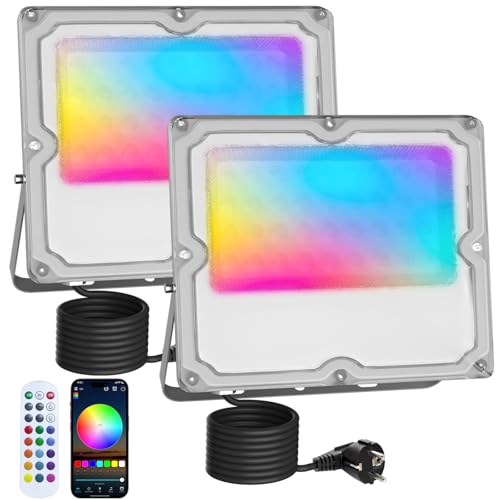 MEEKBOS 2 Pezzi Faretto LED RGB Esterno 30W, Faro LED RGB Con APP Bluetooth e 2.4G Telecomando,IP66 Impermeabile Dimmerabile Proiettore per Giardino,Pasqua,Partito,Halloween,3000LM