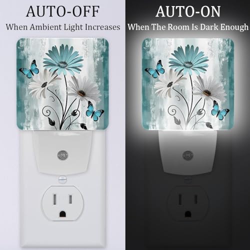 Image of Farm Teal Daisy Butterfly on Country Wooden Night Light [2 Pack], Plug in Wall Led Night Lights Decor for Boys Girls Room, Dusk to Dawn Sensor Wall Lamp for Stairway /Bedroom /Kitchen /Nursery Room