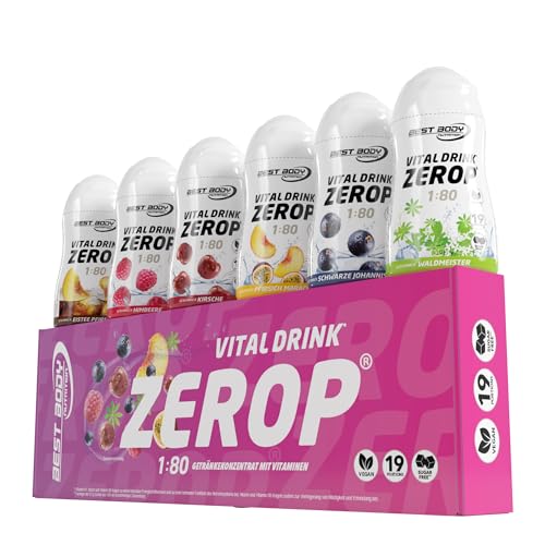 9% off - Best Body Nutrition Vital Drink ZEROP - Mix-Box 6 x 48 ml, Original Getränkekonzentrat - Sirup - zuckerfrei, 1:80, Probierset: Eistee-Pfirsich, Himbeere, Kirsche, Johannisbeere, Waldmeister