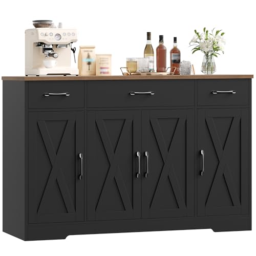 HOCSOK Aparador de cocina de 140 cm, mueble de cocina con 3 cajones y 4 armarios, mueble moderno para salón, mueble para cocina, vestíbulo, comedor, negro + marrón