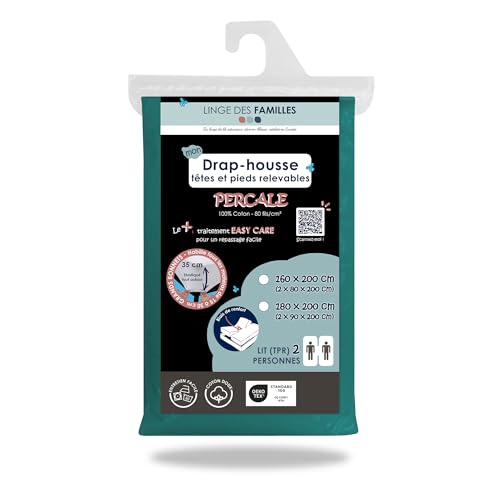 Linge des Familles - Drap Housse 2x80x200 pour Lit Articulé 160x200 TPR - 100% Coton Percale - Bleu Canard - Grand Bonnet 30 cm - Elastique Tout Autour -...