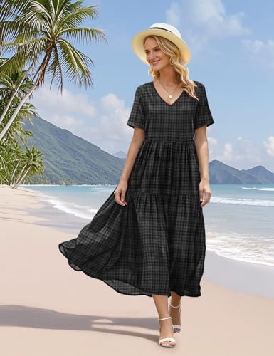 Image of YESNO Women's Summer Maxi Dresses Casual Floral Short Sleeve V Neck Boho Beach Vacation Swing Dress with Pockets EVF