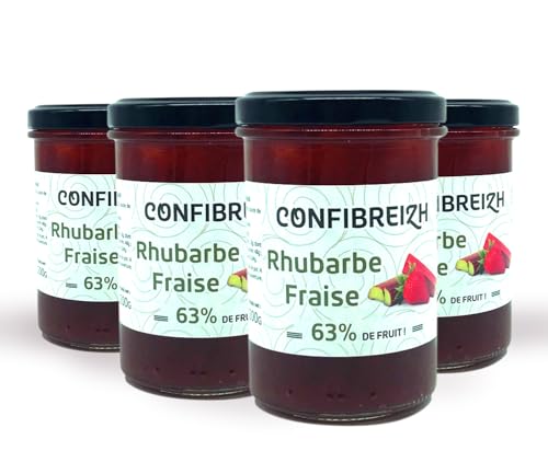 Paquete de 4 tarros de mermelada de fresa y ruibarbo 220 g – Fabricación tradicional en caldero de cobre y rico en frutas – Bretaña