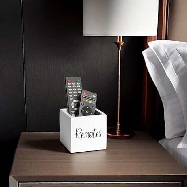 Wood Remote Control Holder, TV Remote Control Organizer for Home Bedroom Table, Multi-Purpose Desktop Storage (White, S,for 2 or 3 Remote Controls)