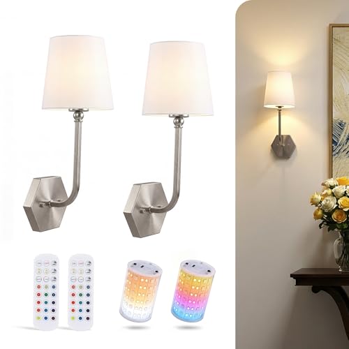 Image of CLOUDY BAY 10000mAh Battery Operated Wall Sconces,Up to 100 Hours with Rechargeable RGB Dimmable Magnetic Bulb,Cordless Wall Lighting Fixtures with Remote for Bedroom,Brushed Nickel,2 Pack-17.9inch