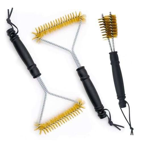 Omnikryp 3 Piezas Cepillo Barbacoa, Limpieza Barbacoa con PP Aislamiento Térmico Mango, 30 cm Cepillo Triangular para Parrillas Latón, para Limpiar de Parrillas Bandejas para Hornear Redes para Asar