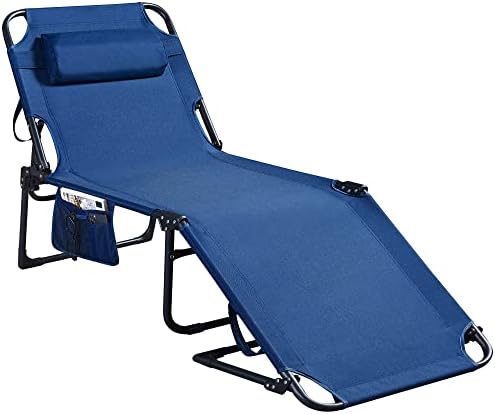 PRAISUN Folding Lounge Chair for Outside, Chaise Lounge for Outdoor, Tanning Chair with 5-Position Backrest, Sun Lounger Chair with Detachable Pillow, Fabric Bag, for Pool, Garden - Navy Blue