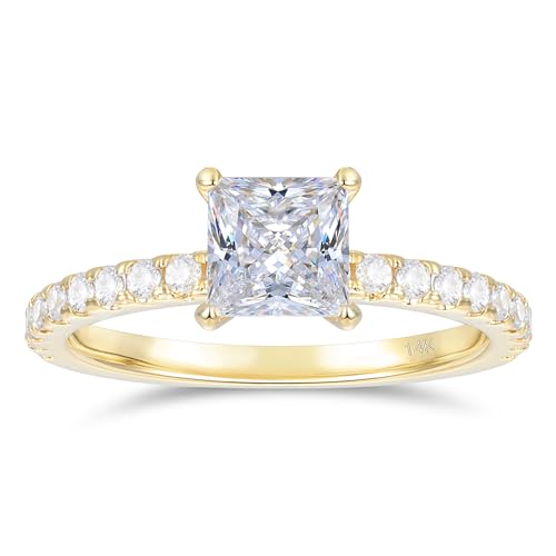 14K Yellow Gold Moissanite Engagement Ring 1 Carat Princess Cut Engagement Ring 14K Gold Moissanite Ring for Women (Yellow Gold - 5)