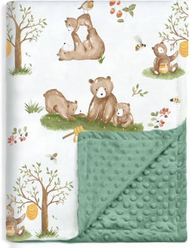 BOPRIO Baby Blankets for Unisex Boys Girls Super Soft Nursery Minky Blankets with Baby Bear Design and Dotted Fleece Backing Printed Bed Throws Newborn