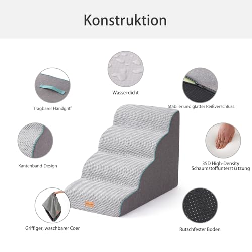 Gardner Pet Hundetreppe für kleine Hunde 50cm, Haustiertreppe Hundetreppe 4 Stufen, Hunderampe aus hochdichtem Schaumstoff mit rutschfestem wasserdichtem Stoffbezug für Bett, Sofa, Couch