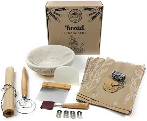 Home Artisan Bread Making Kit Round- 9 Inch Round Banneton Bread Proofing Basket Cloth Liner, Bread Lame, Dough Scrapers, Bread Whisk Bread Bags Kraft Tags, B/W Bakers Twine Gift Box Recipe eBook