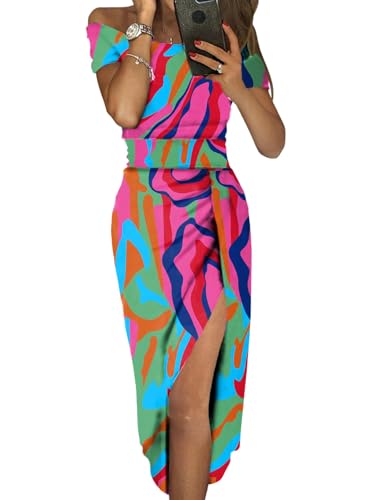 Sidefeel Women's Casual Off The Shoulder Abstract Print High Slit