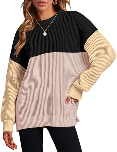 Image of Zeagoo Women 2026 Fall Lightweight Oversized Sweater Crew Neck Long Sleeve Color Block Pullover Rib Knit Blouse Tops XS-2XL