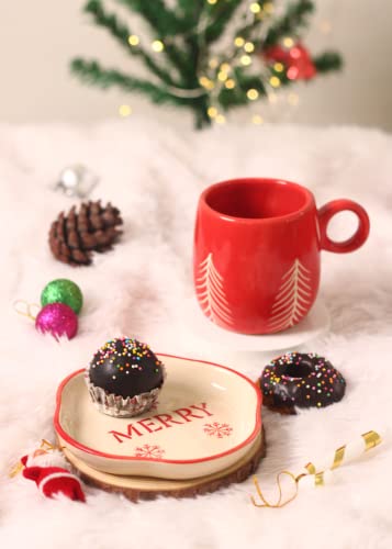 Image of WEAVING HOMES Handcrafted Ceramic Red Christmas Tree Mug & Merry Dessert Plate Gift to Best Friend and Love Microwave Safe /Dishwasher Safe (Set of 2)