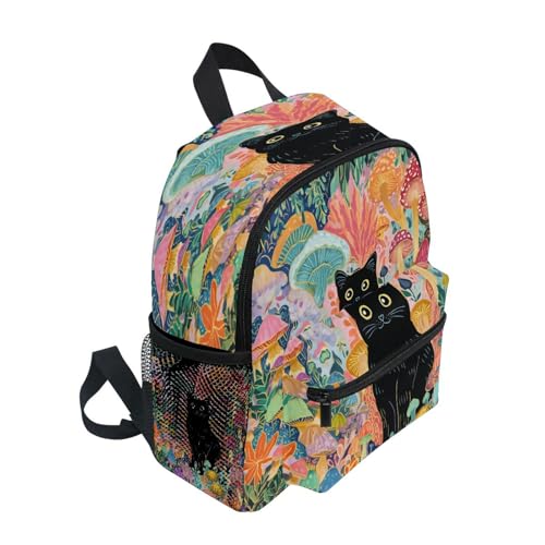panksolu Mushroom Black Cat Toddler Backpack for Boys Girls,Kid Backpack with Chest Clip and Name Tag, M2