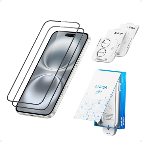 Anker HD Screen and Lens Protectors for iPhone 16 (2-Pack), 6.1-Inch Ultrand Clear Tempered Glass, Fast and Easy Installation, Scratch and Impact Resistant, 12-Month Warranty