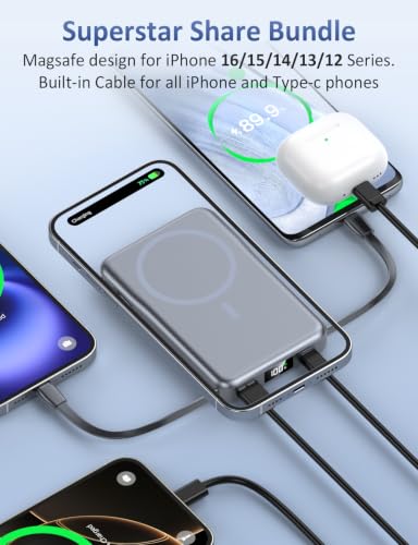 Image of Magnetic Portable Charger 10000mAh, 20W Power Bank with Built in Cable
