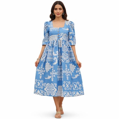 Image of Women's Light Blue Cotton Midi Dress - Square Neck Buttoned Frock - Geometric Print Casual A-Line Dress