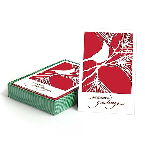 Canopy Street Masterpiece Cardinal Christmas Cards / 10 Boxed Winter Holiday Laser Cut Card Set With Coordinating Envelopes / 5' x 7' Folded Winter Greeting Cards