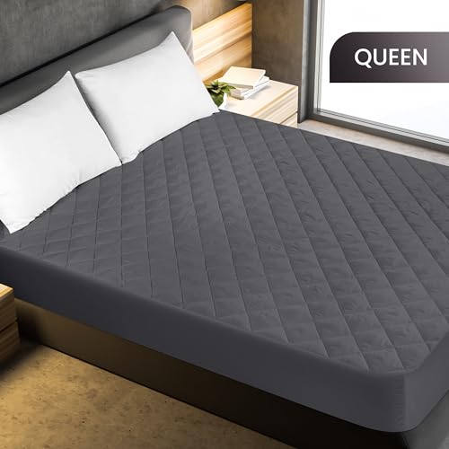 Utopia Bedding Quilted Fitted Mattress Pad, Queen Size, Elastic Fitted Mattress Topper Protector and Cover Stretches up to 16 Inches Deep, Machine Washable (Grey)