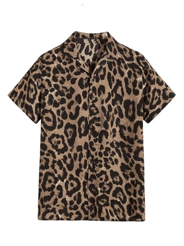 WDIRARA Men's Leopard Print Short Sleeve Shirt Button Down Collared Neck Casual Shirts