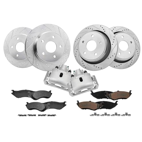 Image of Detroit Axle - Brake Kit for 2002-2005 Dodge Ram 1500, 2004-2006 Durango, Drilled & Slotted Brake Rotors Ceramic Brakes Pads Rear Brake Calipers Replacement [13.23 inch Front & 13.86 inch Rear Rotors]
