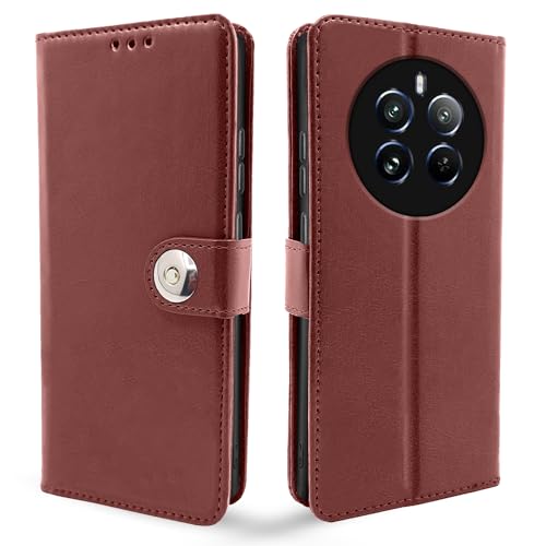 Image of Pikkme Realme 12 Pro 5G / Realme 12 Pro Plus 5G Flip Cover Leather Finish | Inside TPU with Card Pockets | Wallet Stand and Shock Proof | Complete Protection Button Flip Case (Brown)