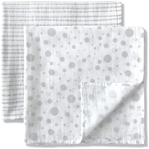 Image of MOZAH Organic Muslin Swaddle Blankets - 100% Soft Organic Cotton - Baby Girl Blanket and Baby Boy Blanket - Ideal Baby Registry Items Unisex Essentials - Baby Swaddles (Stripes & Dots)