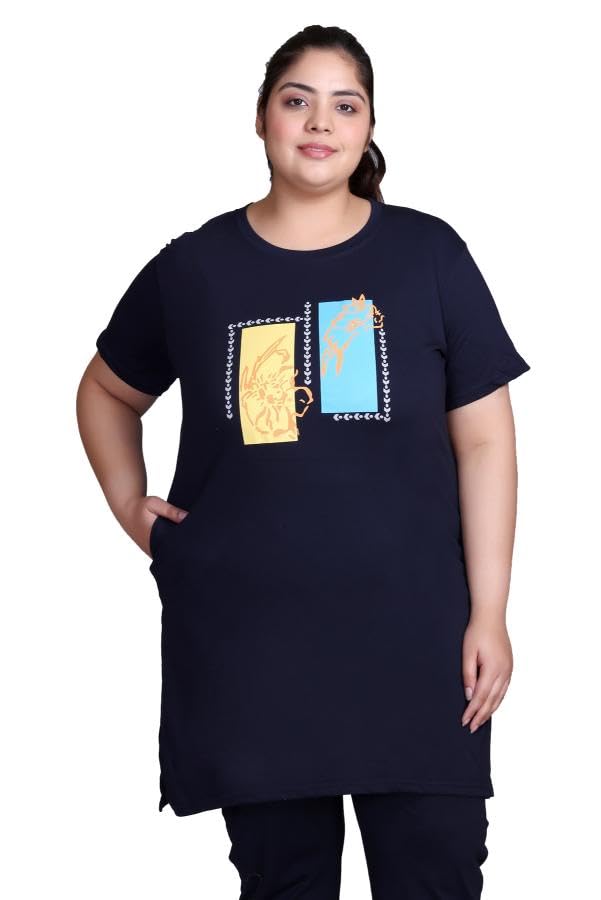 Image of RYSH Women's Printed Cotton Plus Size Longline T-Shirt with Pockets | Cotton fabric - soft longline T-shirt with easy plus-size fit