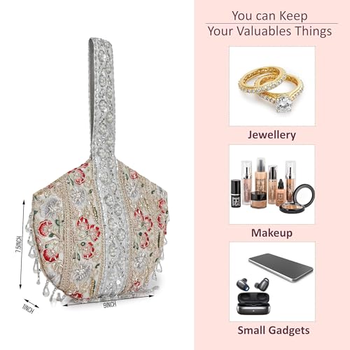 Image of Nevis Stylish Embroidery Unique Design Traditional Wedding Party Handheld Potli Bag for Women (Silver)
