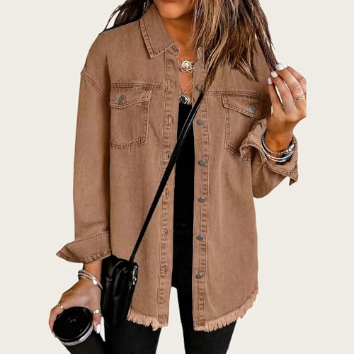 Womens Oversized Denim Jacket Washed Jean Jacket Long Sleeve Button Down Shacket Retro Western Boyfriend Coat Trendy2