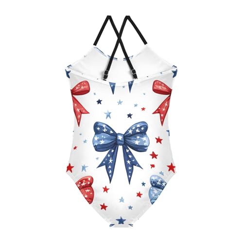 Bolaz Girls Swimsuits One-Piece Bathing Suits Multicolor Kids Sport Summer Beach Swimwear for 3-10 Years Old-Bow with American Flag Elements and Stars Pattern2