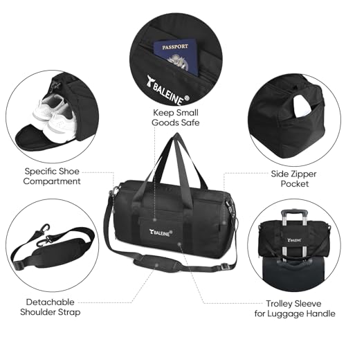 BALEINE Gym Bag for Women and Men, Small Duffel Bag for Sports, Gyms and Weekend Getaway, Waterproof Dufflebag with Shoe and Wet Clothes Compartments, Lightweight Carryon Gymbag (Black)3