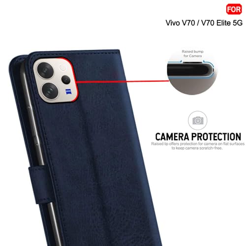 Image of TheGiftKart Genuine Leather Finish Flip Back Cover Case for Vivo V70 5G / V70 Elite 5G | Inbuilt Pockets & Stand | Wallet Style | Designer Button Magnet Flip Back Cover Case (Faux Leather, Blue)
