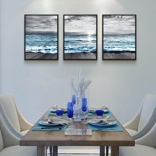 Black Framed Canvas Wall Art For Living Room & Bedroom Decor - Black And White Beach Wall Painting - Blue Ocean Sea Wave Pictures - Modern Office Posters - Home Decor Set of 3